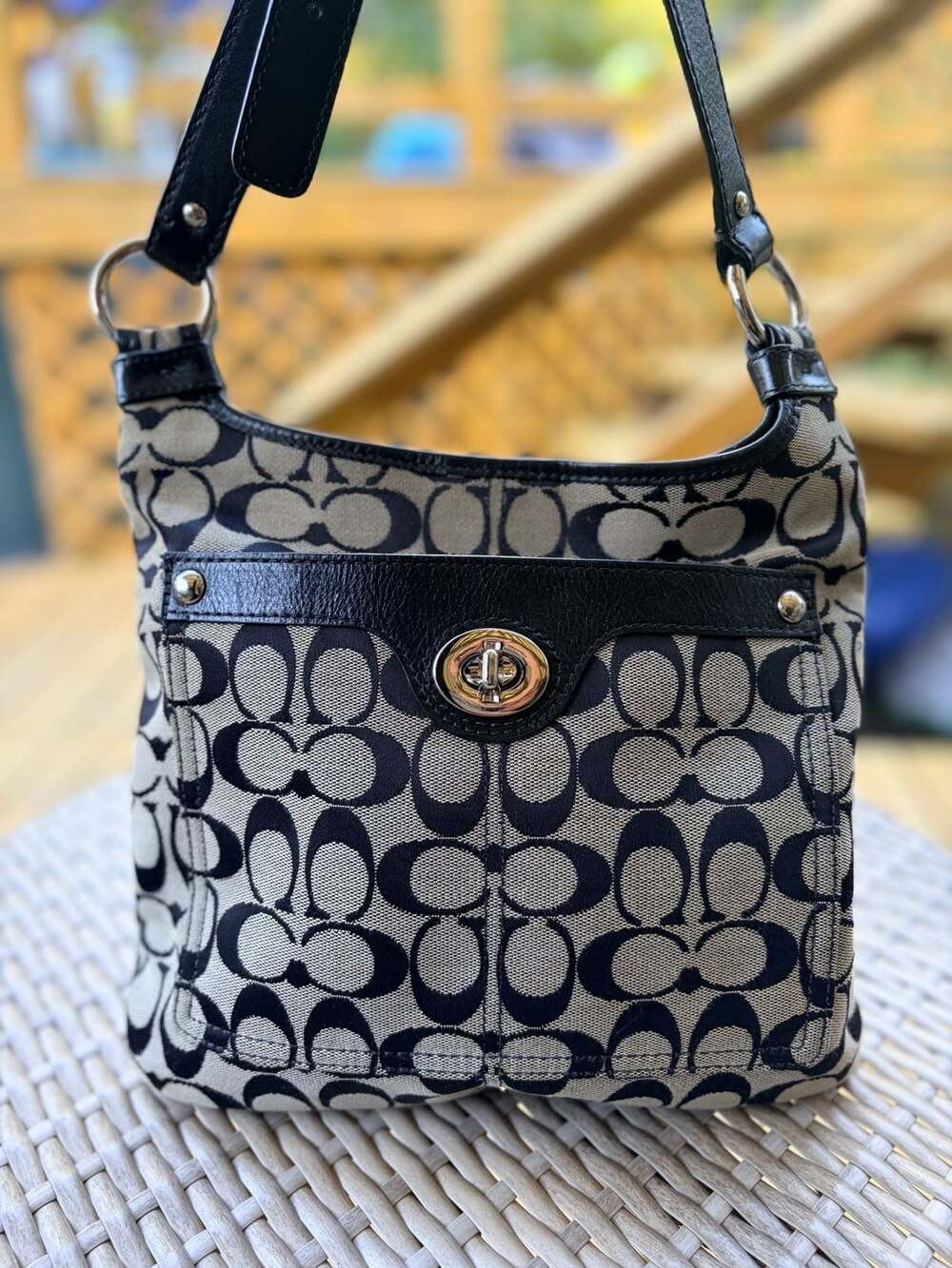Coach Signature C Canvas Turnlock Flap Shoulder Bag Black and Khaki